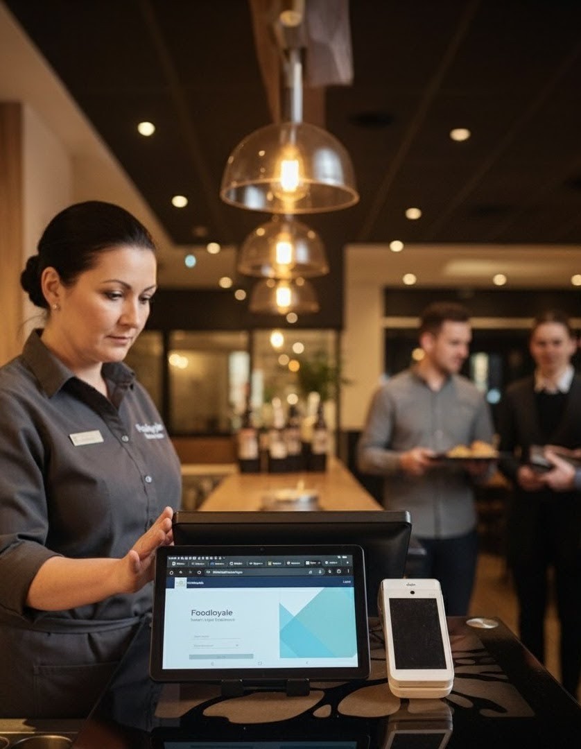 A server taking an order on Foodloyale next to a card terminal